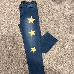 L&B Women’s Straight Leg Jeans with Embossed Leather Patch & Gold Metallic Stars